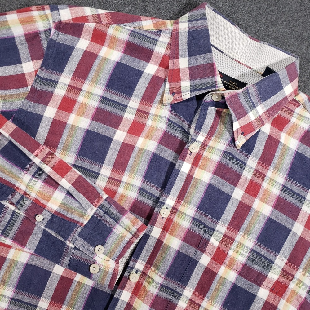 Hart‎ Schaffner Marx Button Down Shirt Men Large Navy Red Plaid Linen Cotton L/S